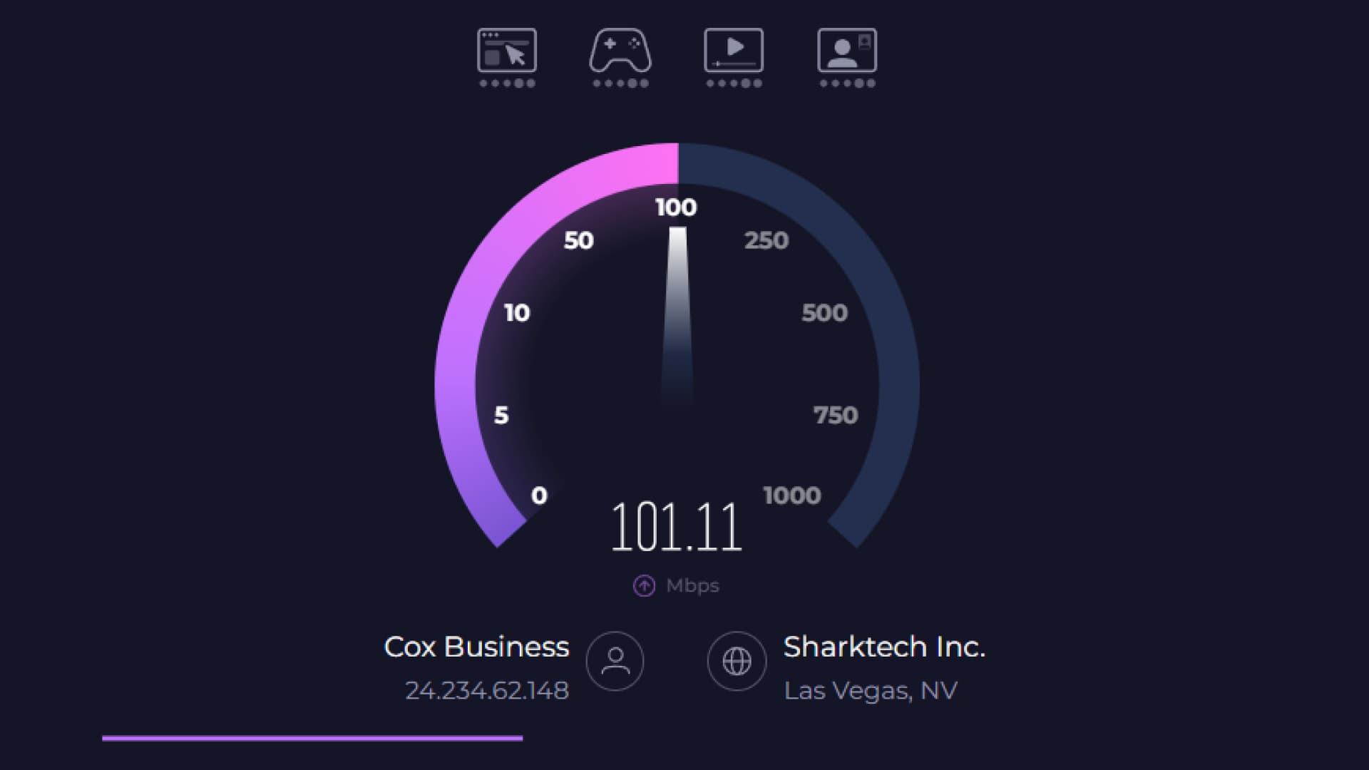 Upload speed test showing 100 Mbps performance